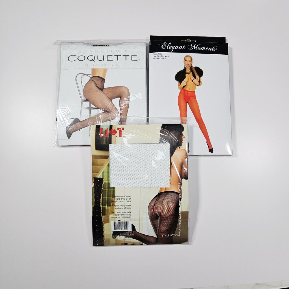 3 Pack Fishnet Pantyhose Tights Bundle NIP Black White Red, One Size Fits Most